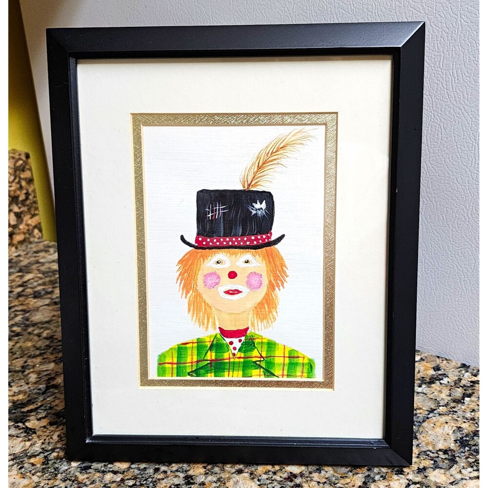 Nan Greenwell Signed Folk Art Clown Portrait Painting, Framed & Matted 11x9